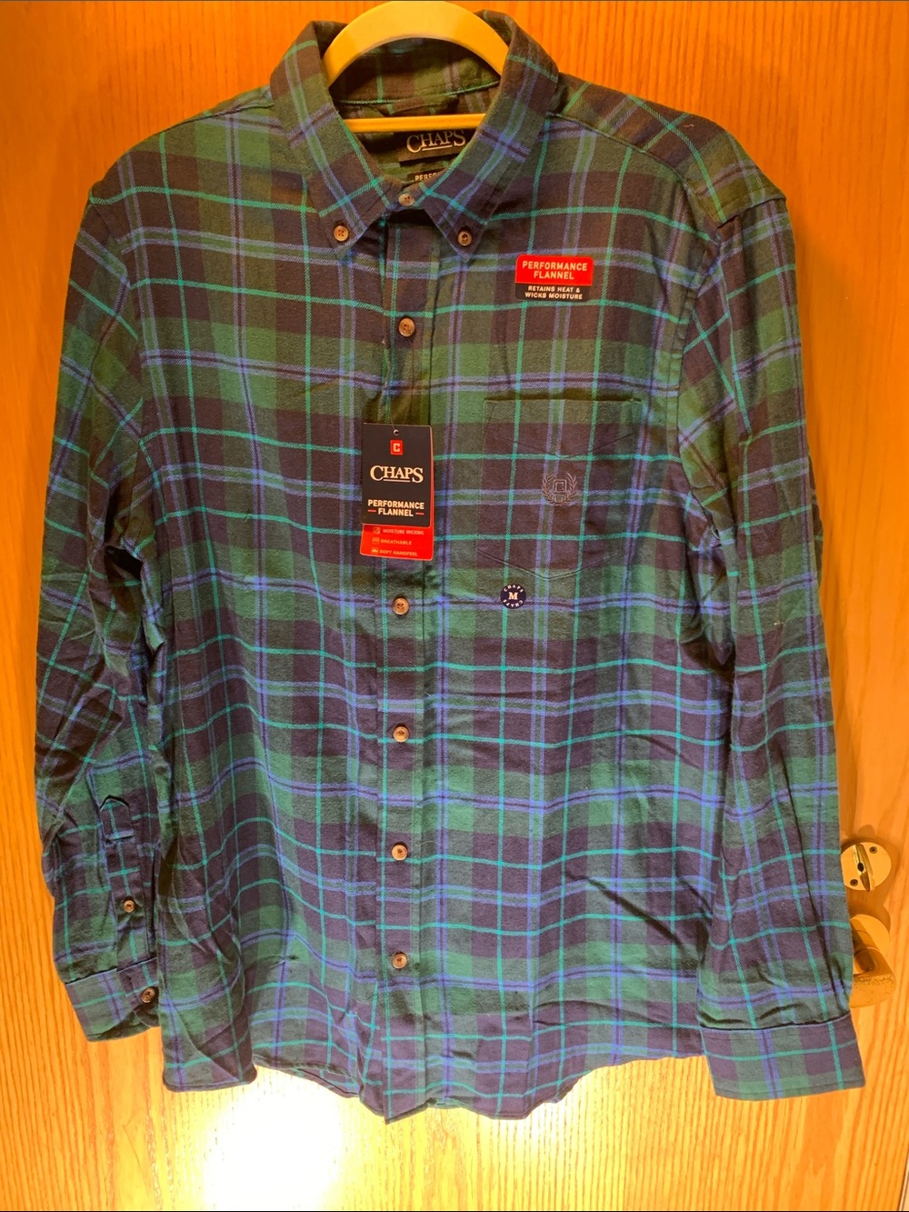 New! Chaps Men's Blue/Green Classic Plaid 100% Cotton Flannel Shirt- Size M